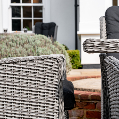 Talia 6 Seat Rattan Reclining Dining Set - Rectangular Gas Fire Pit Table in White Wash