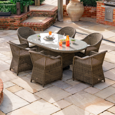 Isabella 6 Seat Rattan Dining Set - Oval Table in Dark Sand
