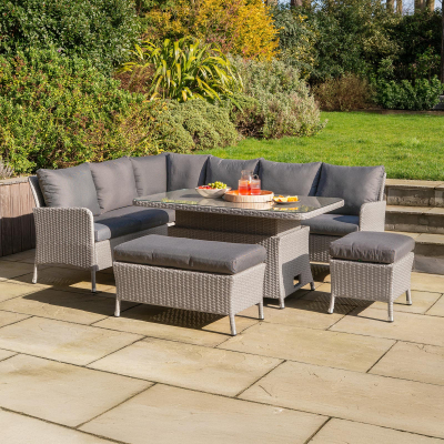 Emily L-Shaped Corner Rattan Lounge Dining Set with Stool and Bench - Rising Table in Moon Grey