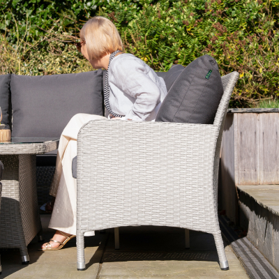 Emily L-Shaped Corner Rattan Lounge Dining Set with Stool and Bench - Rising Table in Moon Grey