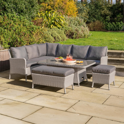 Emily L-Shaped Corner Rattan Lounge Dining Set with Stool and Bench - Rising Table in Moon Grey
