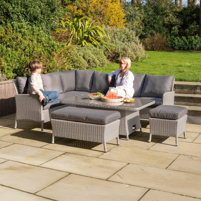 Emily L-Shaped Corner Rattan Lounge Dining Set with Stool and Bench - Rising Table in Moon Grey