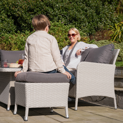 Emily L-Shaped Corner Rattan Lounge Dining Set with Stool and Bench - Rising Table in Moon Grey