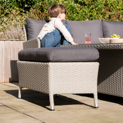 Emily L-Shaped Corner Rattan Lounge Dining Set with Stool and Bench - Rising Table in Moon Grey
