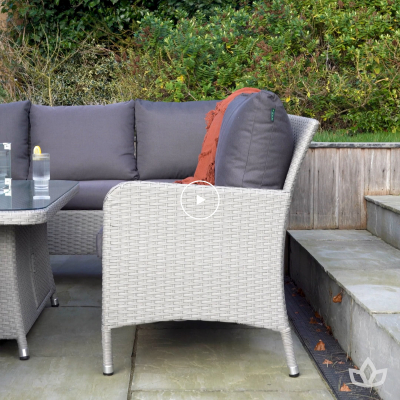Emily L-Shaped Corner Rattan Lounge Dining Set with Stool and Bench - Rising Table in Moon Grey