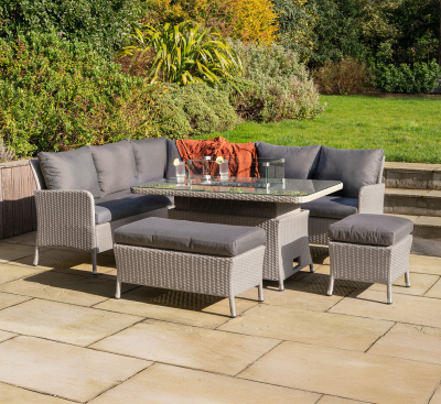 Emily L-Shaped Corner Rattan Lounge Dining Set with Stool and Bench - Gas Fire Pit Table in Moon Grey