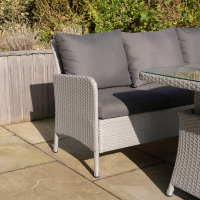 Emily L-Shaped Corner Rattan Lounge Dining Set with Stool and Bench - Gas Fire Pit Table in Moon Grey