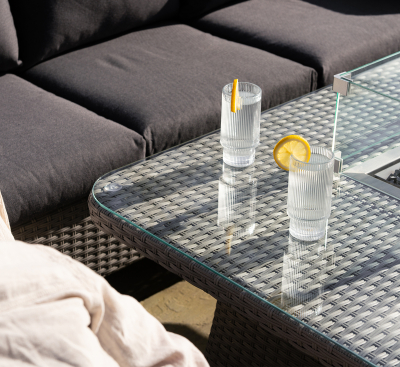 Emily L-Shaped Corner Rattan Lounge Dining Set with Stool and Bench - Gas Fire Pit Table in Moon Grey