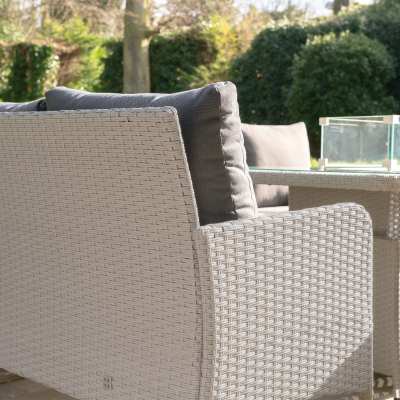 Emily L-Shaped Corner Rattan Lounge Dining Set with Stool and Bench - Gas Fire Pit Table in Moon Grey