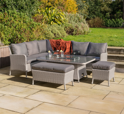 Emily L-Shaped Corner Rattan Lounge Dining Set with Stool and Bench - Gas Fire Pit Table in Moon Grey