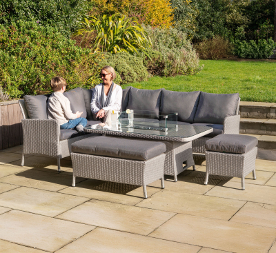 Emily L-Shaped Corner Rattan Lounge Dining Set with Stool and Bench - Gas Fire Pit Table in Moon Grey