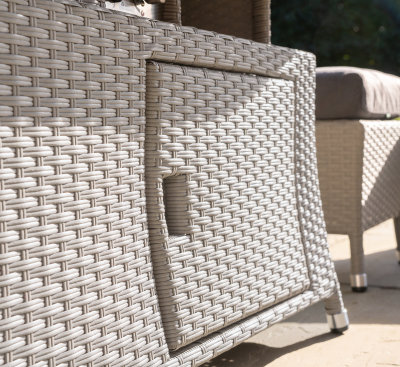 Emily L-Shaped Corner Rattan Lounge Dining Set with Stool and Bench - Gas Fire Pit Table in Moon Grey