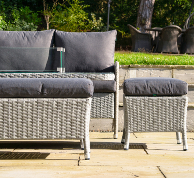 Emily L-Shaped Corner Rattan Lounge Dining Set with Stool and Bench - Gas Fire Pit Table in Moon Grey
