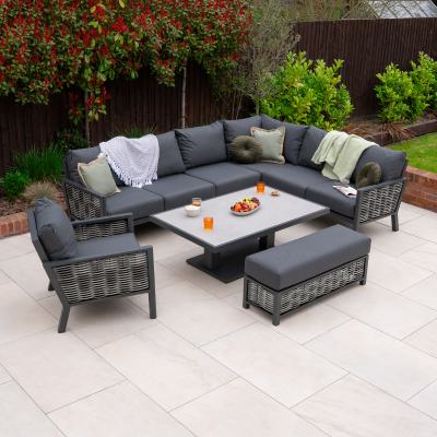 Caleb L-Shaped Corner Rattan Aluminium Lounge Dining Set with Armchair and Bench - Adjustable Rising Table in Dapple Grey
