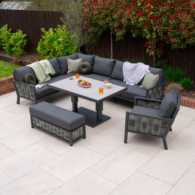 Caleb L-Shaped Corner Rattan Aluminium Lounge Dining Set with Armchair and Bench - Adjustable Rising Table in Dapple Grey