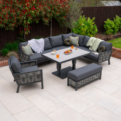 Caleb L-Shaped Corner Rattan Aluminium Lounge Dining Set with Armchair and Bench - Adjustable Rising Table in Dapple Grey