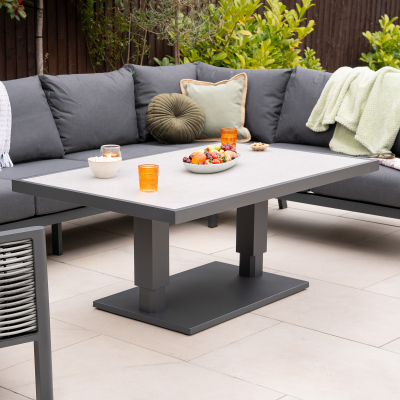 Caleb L-Shaped Corner Rattan Aluminium Lounge Dining Set with Armchair and Bench - Adjustable Rising Table in Dapple Grey