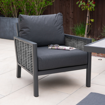 Caleb L-Shaped Corner Rattan Aluminium Lounge Dining Set with Armchair and Bench - Adjustable Rising Table in Dapple Grey