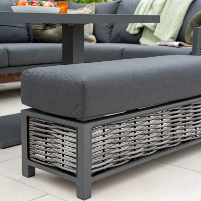 Caleb L-Shaped Corner Rattan Aluminium Lounge Dining Set with Armchair and Bench - Adjustable Rising Table in Dapple Grey