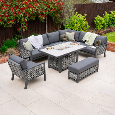 Caleb L-Shape Corner Rattan Aluminium Lounge Dining Set with Armchair and Bench - Gas Fire Pit Table in Dapple Grey