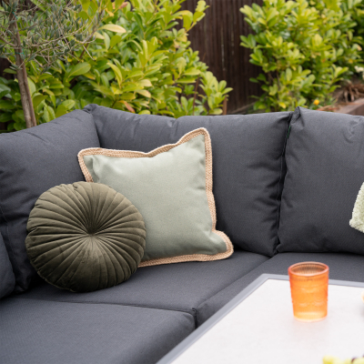 Caleb L-Shape Corner Rattan Aluminium Lounge Dining Set with Armchair and Bench - Gas Fire Pit Table in Dapple Grey