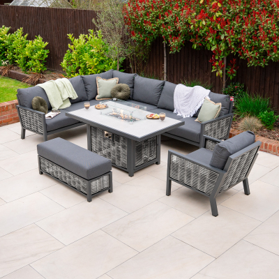Caleb L-Shape Corner Rattan Aluminium Lounge Dining Set with Armchair and Bench - Gas Fire Pit Table in Dapple Grey