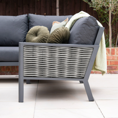 Caleb L-Shape Corner Rattan Aluminium Lounge Dining Set with Armchair and Bench - Gas Fire Pit Table in Dapple Grey