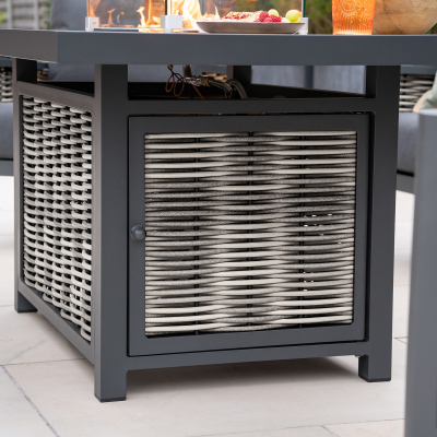 Caleb L-Shape Corner Rattan Aluminium Lounge Dining Set with Armchair and Bench - Gas Fire Pit Table in Dapple Grey