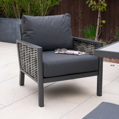 Caleb L-Shape Corner Rattan Aluminium Lounge Dining Set with Armchair and Bench - Gas Fire Pit Table in Dapple Grey