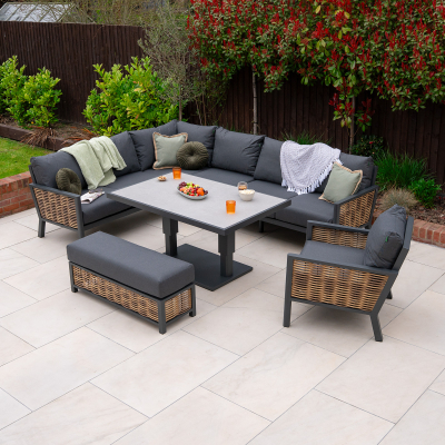 Caleb L-Shaped Corner Rattan Aluminium Lounge Dining Set with Armchair and Bench - Adjustable Rising Table in Palomino Brown