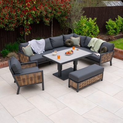 Caleb L-Shaped Corner Rattan Aluminium Lounge Dining Set with Armchair and Bench - Adjustable Rising Table in Palomino Brown