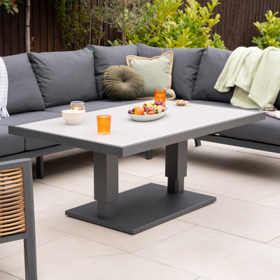 Caleb L-Shaped Corner Rattan Aluminium Lounge Dining Set with Armchair and Bench - Adjustable Rising Table in Palomino Brown
