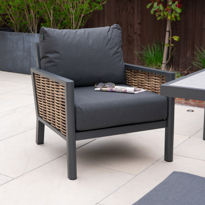 Caleb L-Shaped Corner Rattan Aluminium Lounge Dining Set with Armchair and Bench - Adjustable Rising Table in Palomino Brown