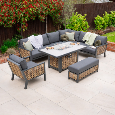 Caleb L-Shape Corner Rattan Aluminium Lounge Dining Set with Armchair and Bench - Gas Fire Pit Table in Palomino Brown