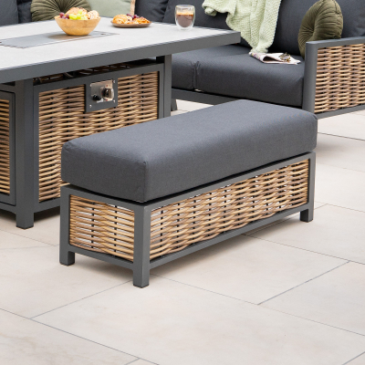 Caleb L-Shape Corner Rattan Aluminium Lounge Dining Set with Armchair and Bench - Gas Fire Pit Table in Palomino Brown