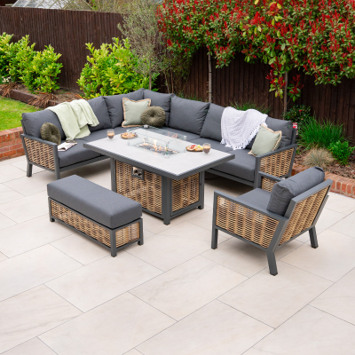 Caleb L-Shape Corner Rattan Aluminium Lounge Dining Set with Armchair and Bench - Gas Fire Pit Table in Palomino Brown