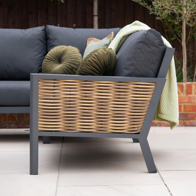 Caleb L-Shape Corner Rattan Aluminium Lounge Dining Set with Armchair and Bench - Gas Fire Pit Table in Palomino Brown