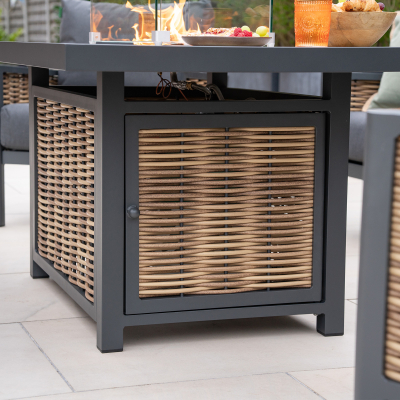 Caleb L-Shape Corner Rattan Aluminium Lounge Dining Set with Armchair and Bench - Gas Fire Pit Table in Palomino Brown