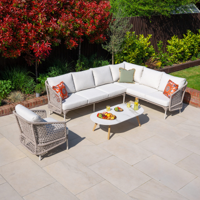 Fleur Rope Aluminium Wood Look Large Corner Sofa Lounging Set with Armchair in Pebble
