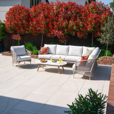 Fleur Rope Aluminium Wood Look Large Corner Sofa Lounging Set with Armchair in Pebble