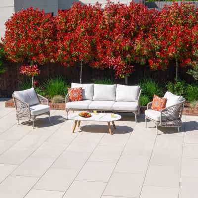 Fleur Rope Aluminium Wood Look 3 Seater Sofa Lounging Set in Pebble
