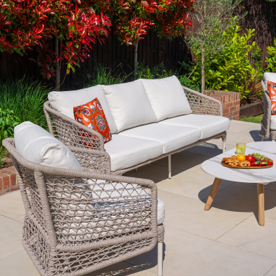 Fleur Rope Aluminium Wood Look 3 Seater Sofa Lounging Set in Pebble