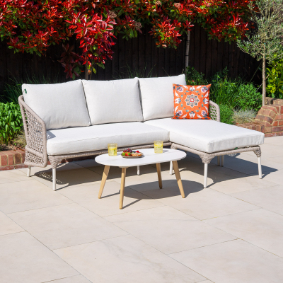 Fleur Rope Aluminium Wood Look 3 Seater Chaise Sofa Lounging Set in Pebble