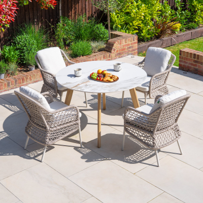Fleur 4 Seat Rope Aluminium Wood Look Dining Set - Round Table in Pebble