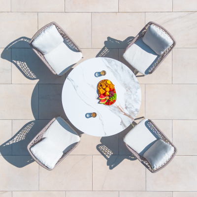 Fleur 4 Seat Rope Aluminium Wood Look Dining Set - Round Table in Pebble