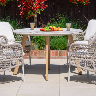 Fleur 4 Seat Rope Aluminium Wood Look Dining Set - Round Table in Pebble