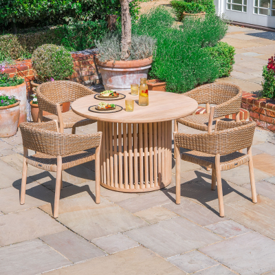 Hailey 4 Seat Rattan Wood Dining Set - Round Table in Acorn