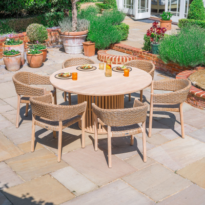 Hailey 6 Seat Rattan Wood Dining Set - Round Table in Acorn