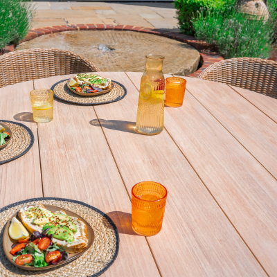 Hailey 6 Seat Rattan Wood Dining Set - Round Table in Acorn