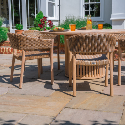 Hailey 6 Seat Rattan Wood Dining Set - Round Table in Acorn